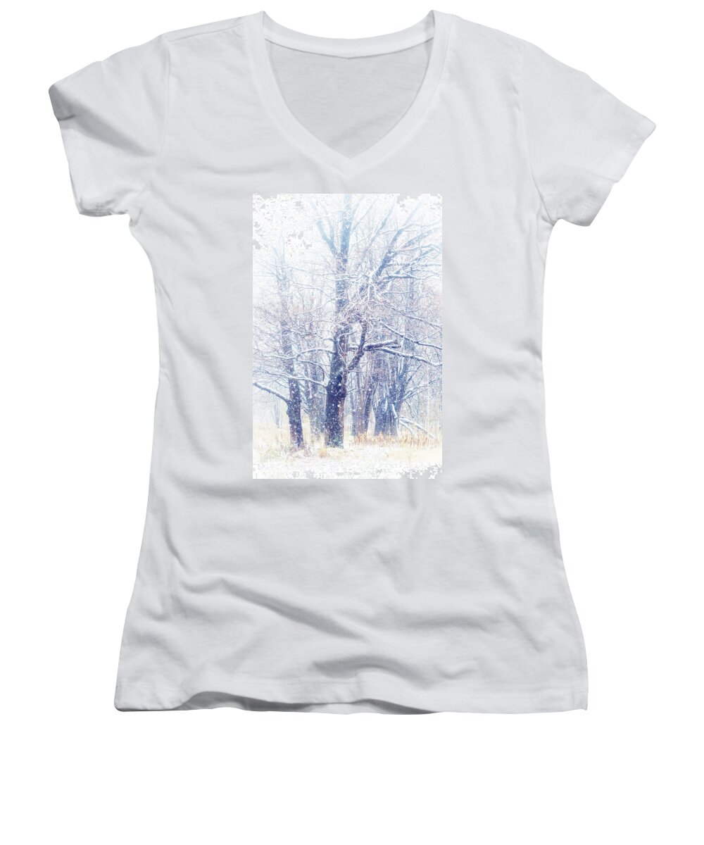 Snow Women's V-Neck featuring the photograph First Snow. Dreamy Wonderland by Jenny Rainbow