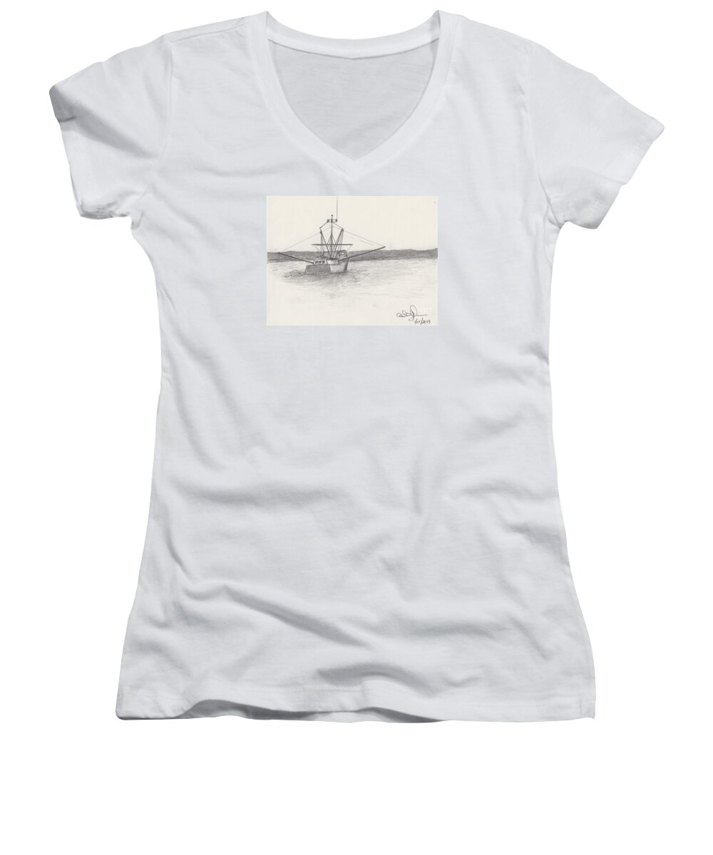 Seascape Women's V-Neck featuring the drawing Fishing Boat by David Jackson