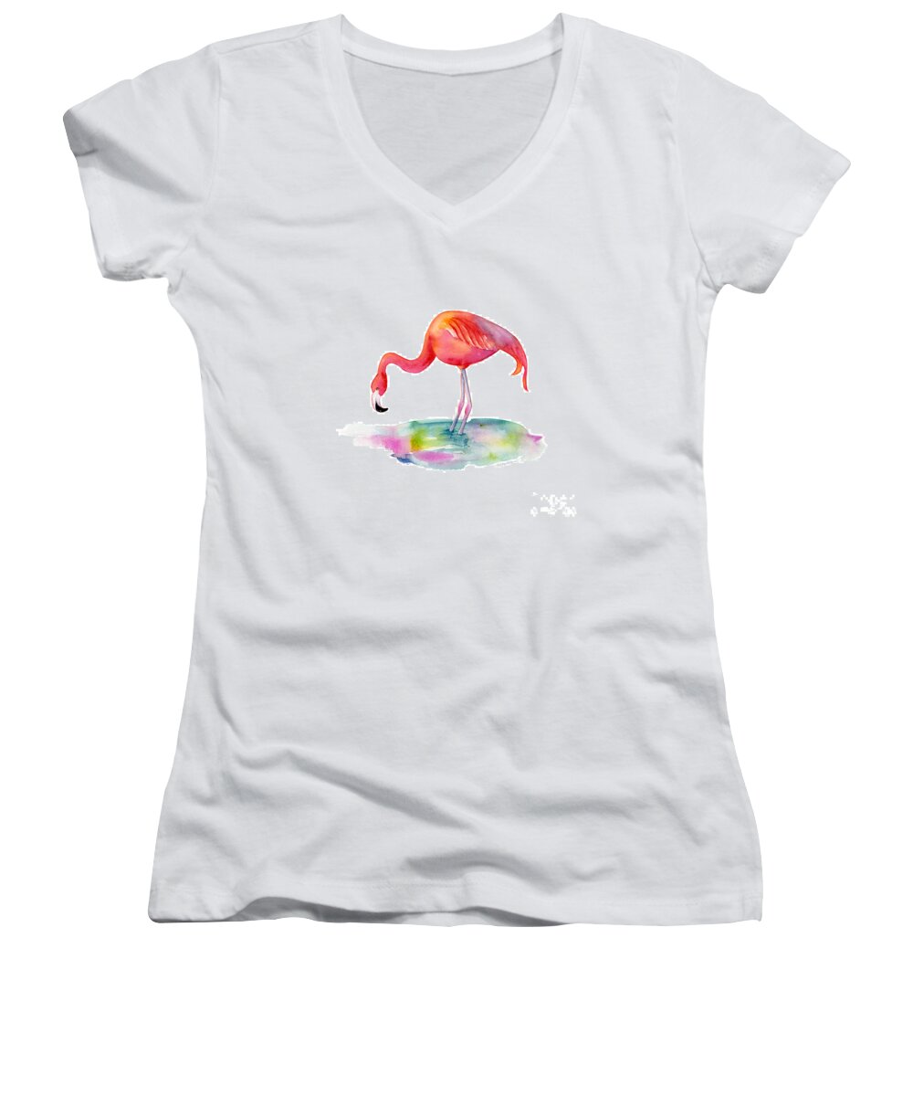Flamingo Women's V-Neck featuring the painting Flamingo Dip by Amy Kirkpatrick