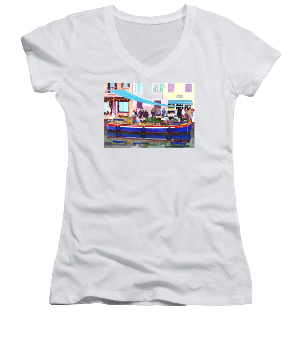 Canals Women's V-Neck featuring the painting Floating Grocery Store by Mike Robles