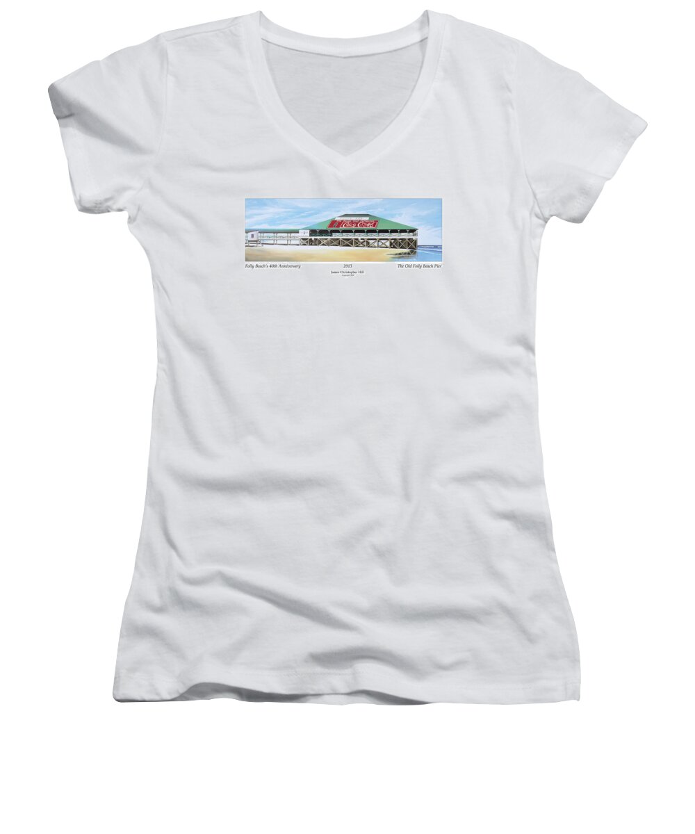 Sunrise Women's V-Neck featuring the painting Folly Beach Original Pier by James Hill