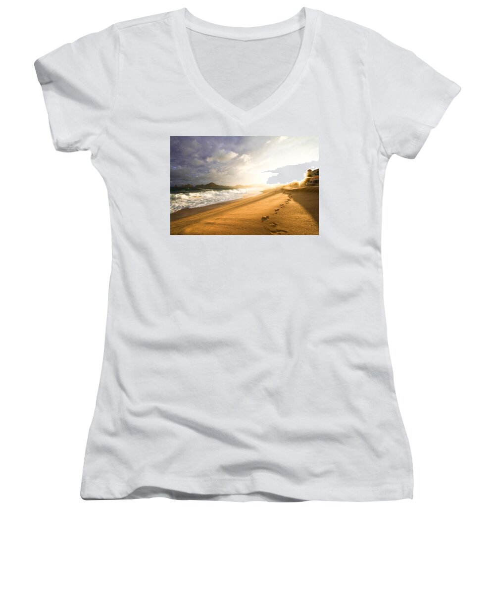 Steps Women's V-Neck featuring the photograph Footsteps in the sand by Eti Reid