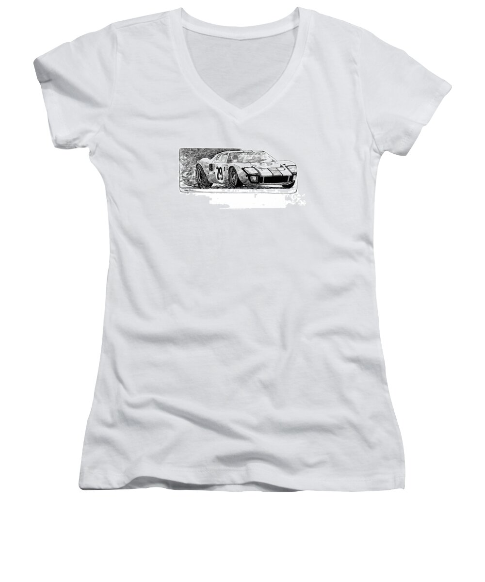 Automotive Women's V-Neck featuring the drawing Ford GT - 40 by David Lloyd Glover