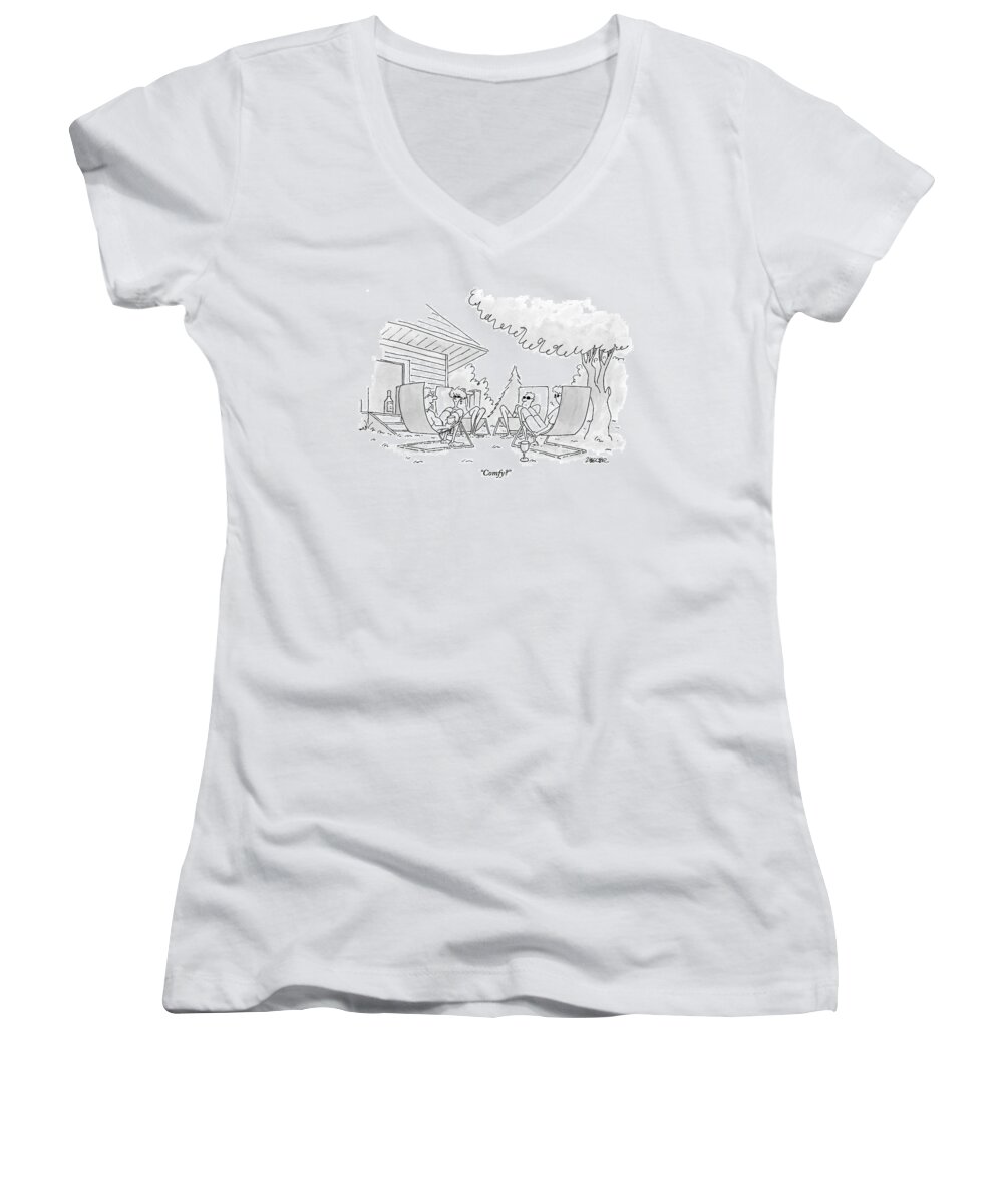 Four Adults Sit Outside On Uncomfortable Looking Lawn Chairs. Chairs Women's V-Neck featuring the drawing Four Adults Sit Outside On Uncomfortable Looking by Jack Ziegler