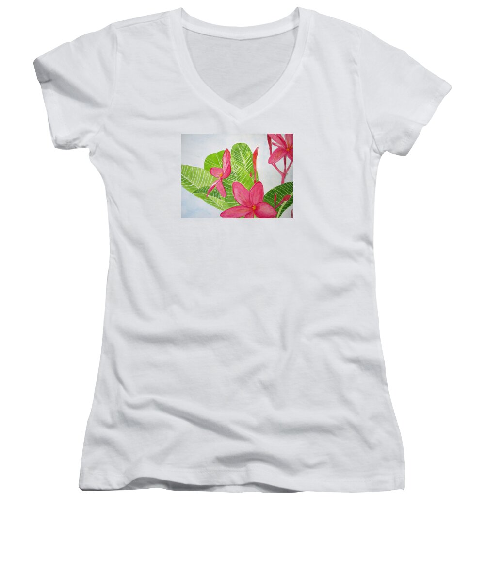 Floral Women's V-Neck featuring the painting Frangipani Tree by Elvira Ingram