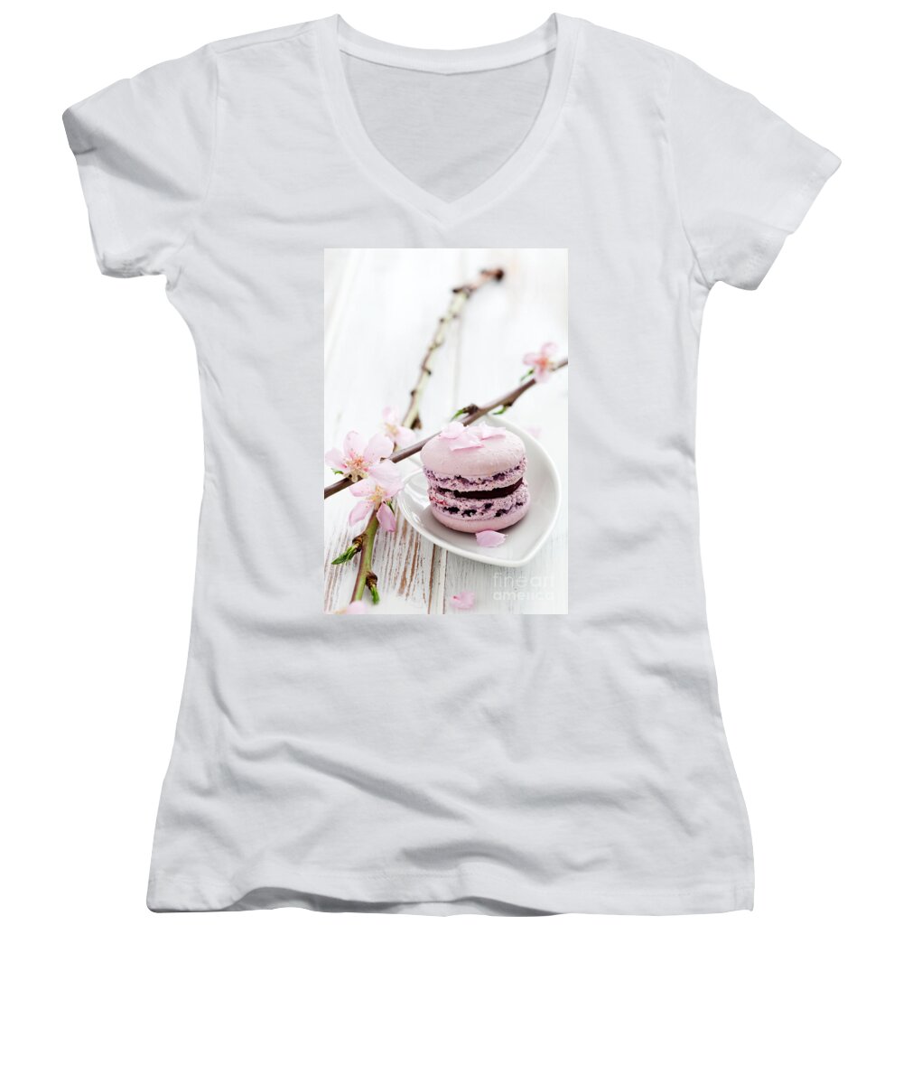 Blossom Women's V-Neck featuring the photograph French macaroons by Kati Finell