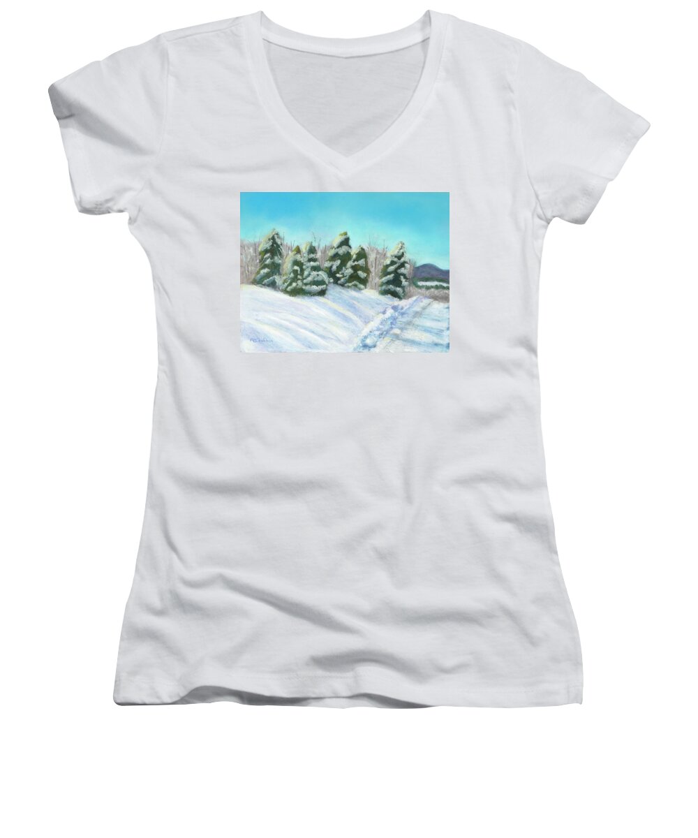 Snow Women's V-Neck featuring the painting Frozen Sunshine by Arlene Crafton