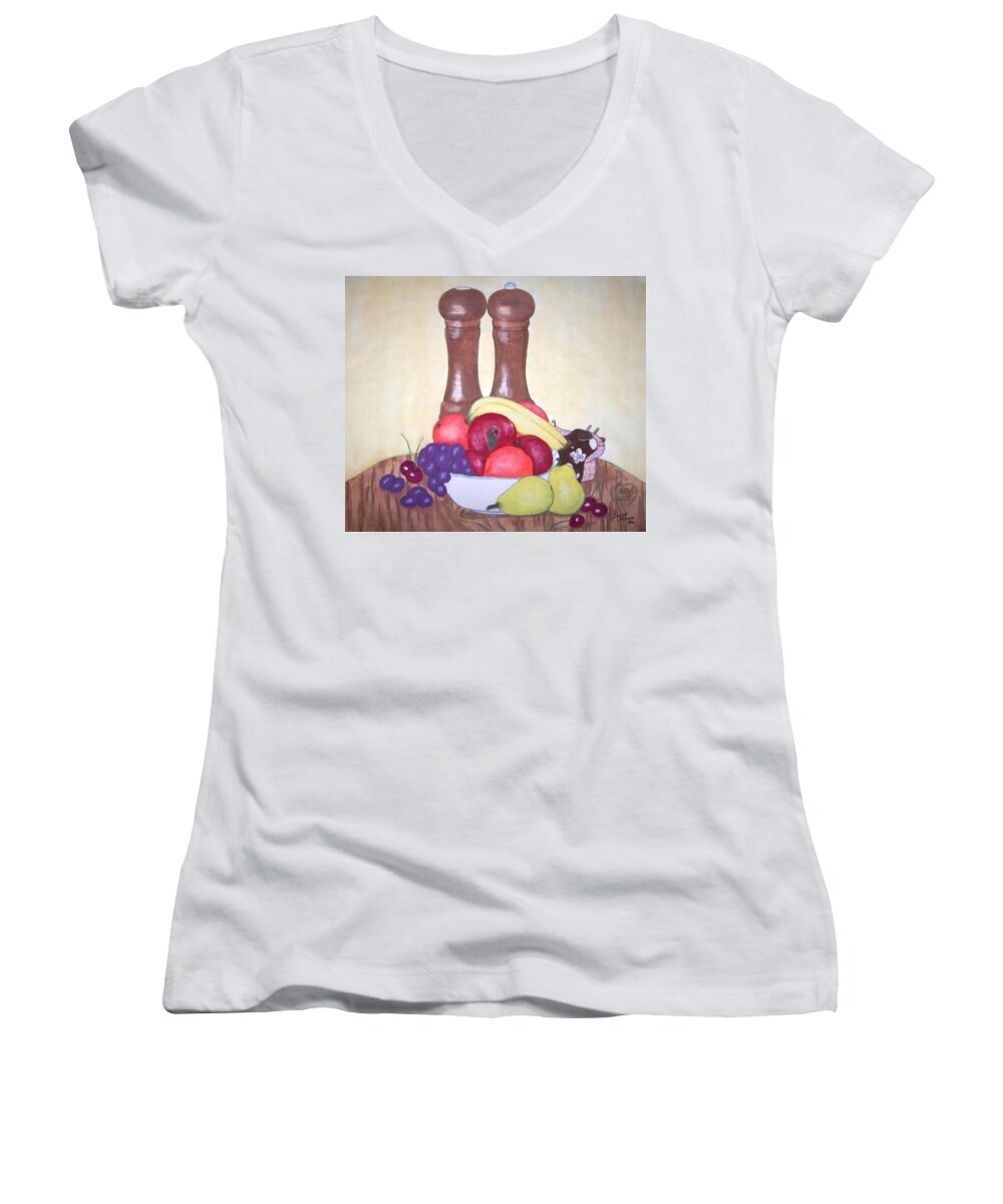 Fruit Women's V-Neck featuring the painting Fruit Table by Susan Turner Soulis