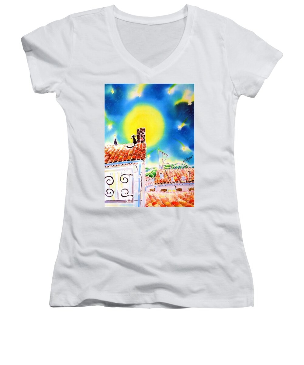 France Women's V-Neck featuring the painting Full moon by Hisayo OHTA