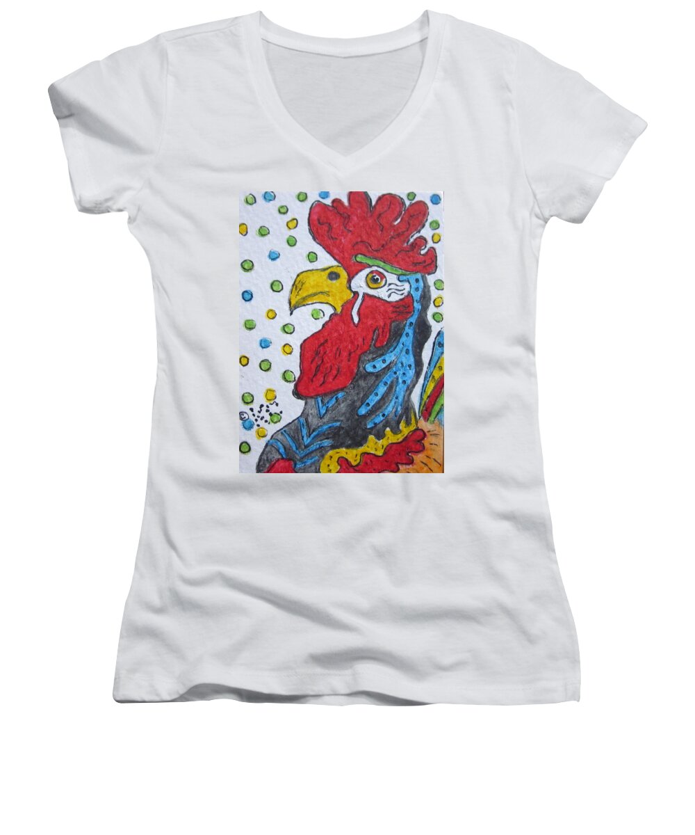 Funky Women's V-Neck featuring the painting Funky Cartoon Rooster by Kathy Marrs Chandler