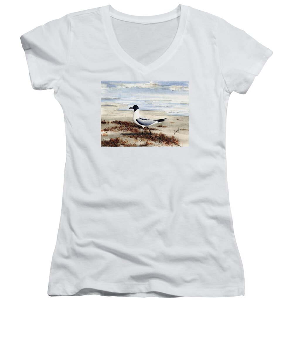 Gull Women's V-Neck featuring the painting Galveston Gull by Sam Sidders