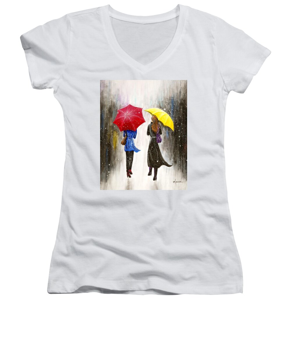 Modern Women's V-Neck featuring the painting Girlfriends by Kume Bryant