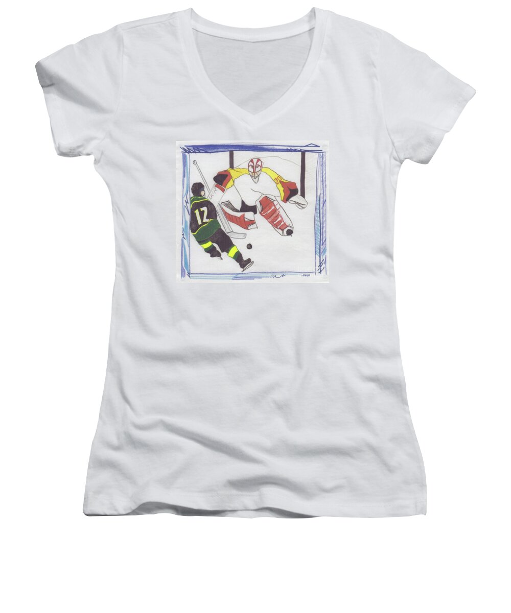 Hockey Women's V-Neck featuring the drawing Shut Out by jrr by First Star Art