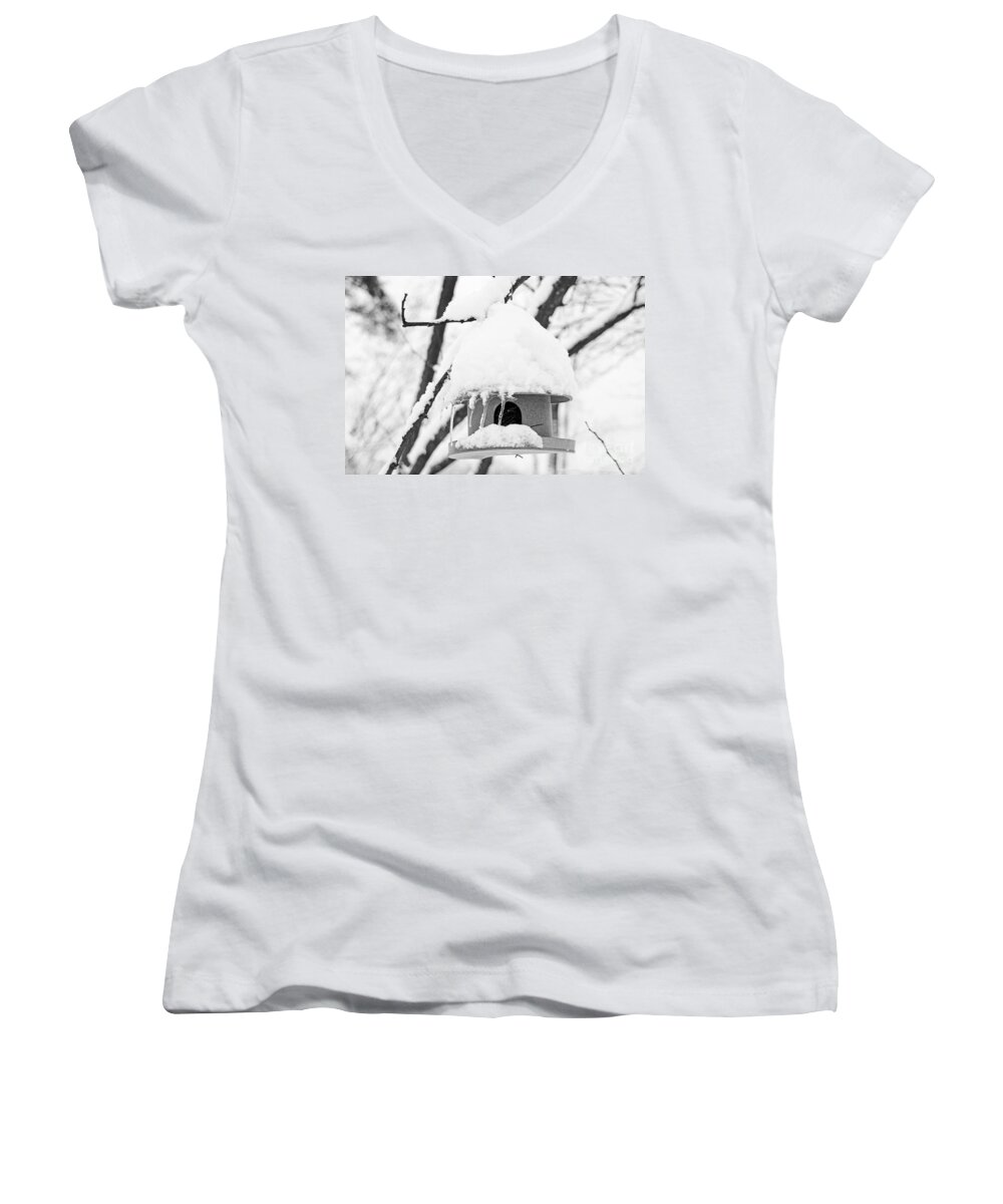 Tree Women's V-Neck featuring the photograph Gone South For The Winter BW by Mary Carol Story