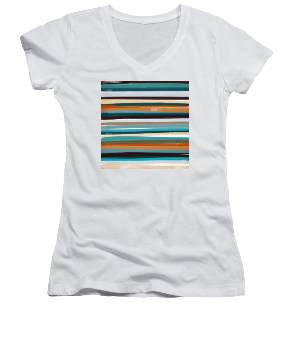 Turquoise Women's V-Neck featuring the painting Good Times by Lourry Legarde