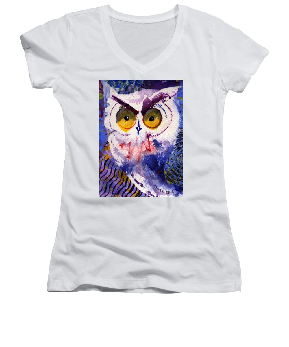 Owl Women's V-Neck featuring the painting Gotcha by Laurel Bahe