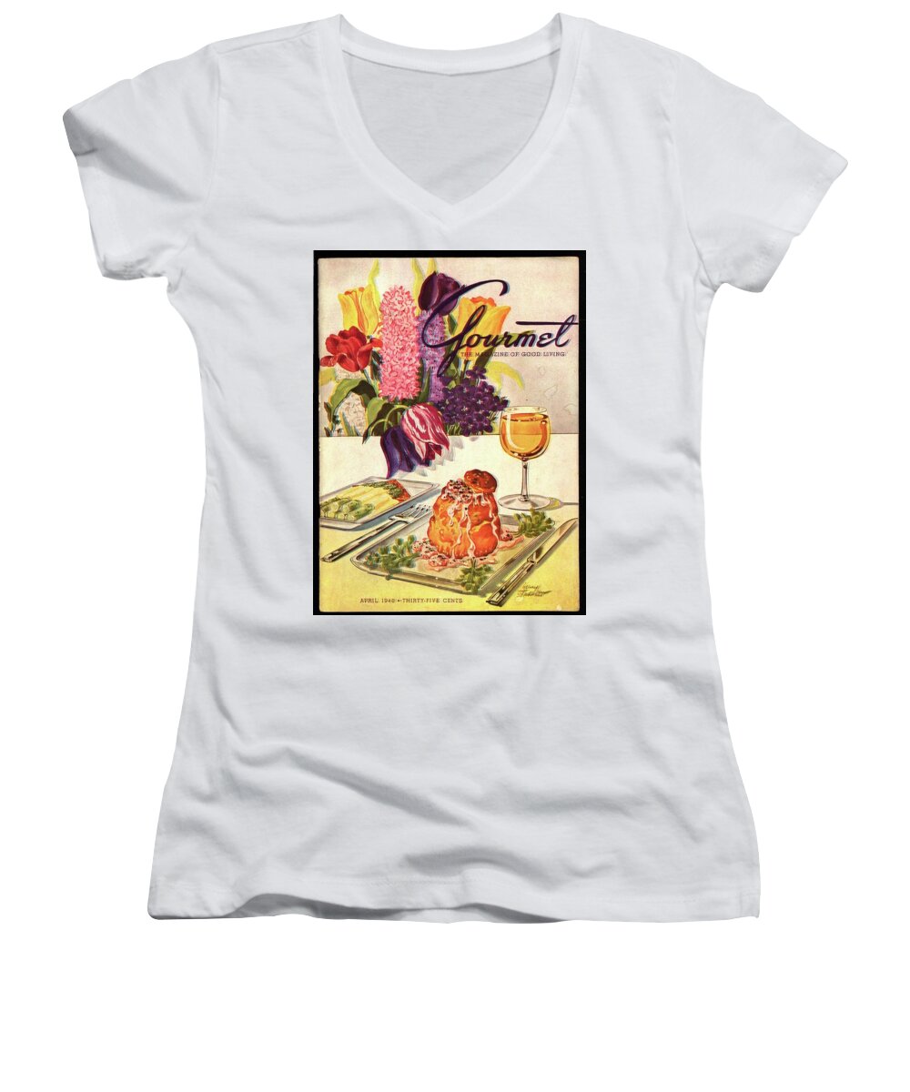 Flowers Women's V-Neck featuring the photograph Gourmet Cover Featuring Sweetbread And Asparagus by Henry Stahlhut