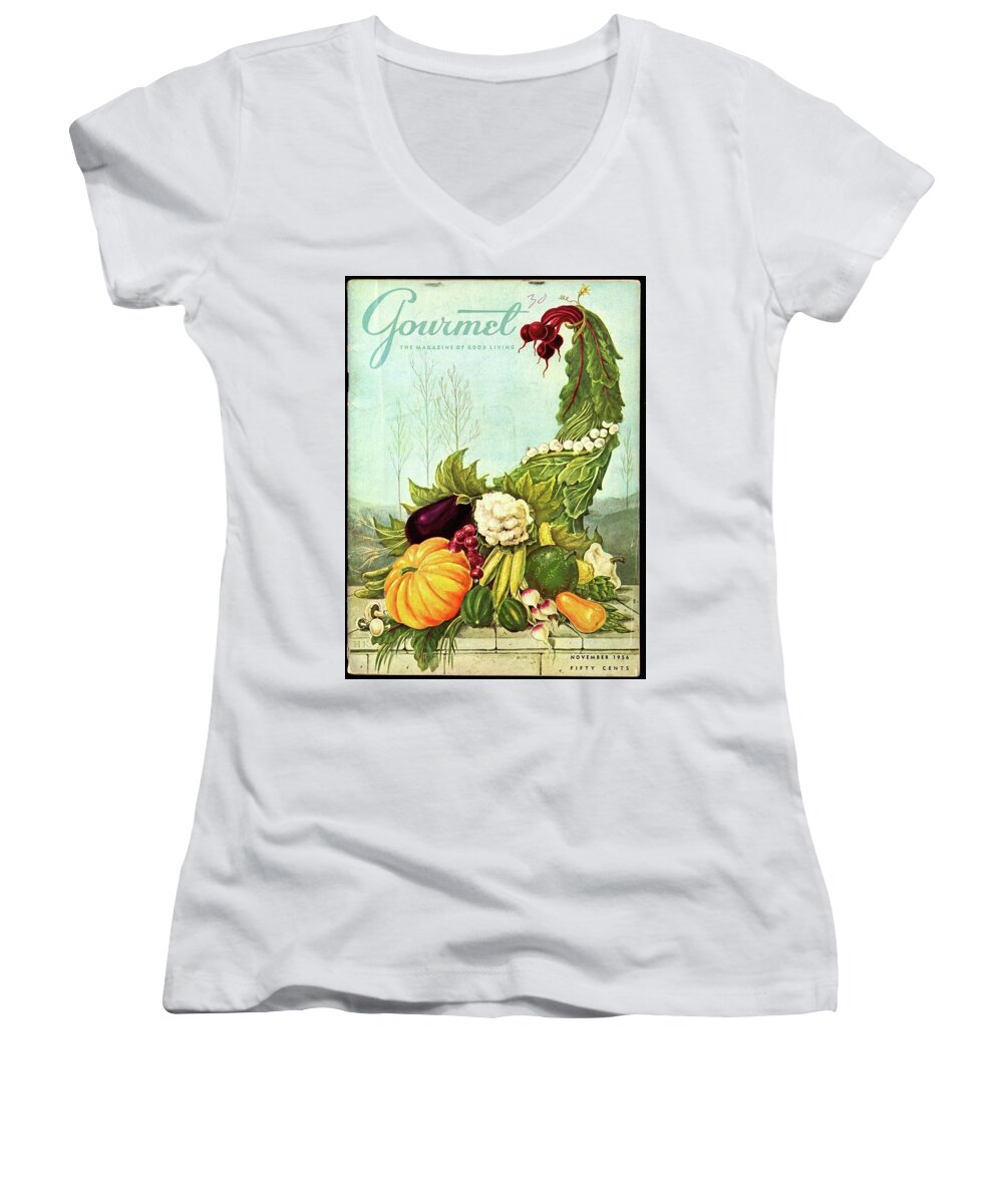 Illustration Women's V-Neck featuring the photograph Gourmet Cover Illustration Of A Cornucopia by Hilary Knight