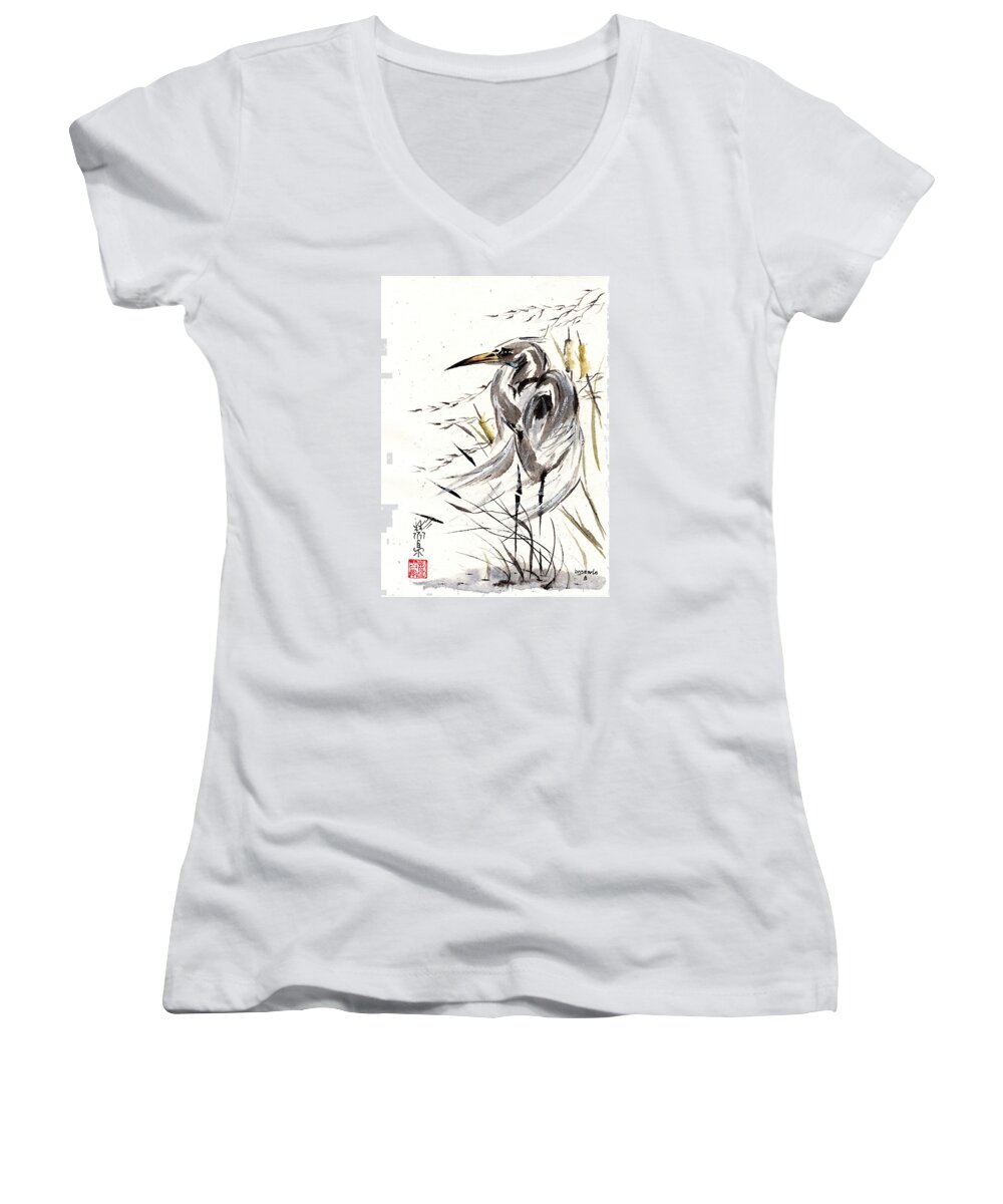 Chinese Brush Painting Women's V-Neck featuring the painting Grace of Solitude by Bill Searle