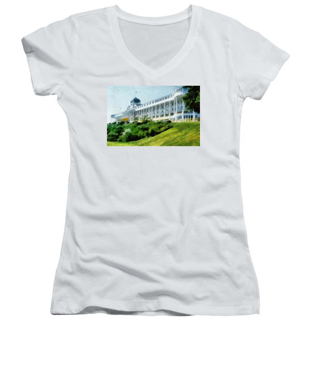 Hotel Women's V-Neck featuring the photograph Grand Hotel Mackinac Island ll by Michelle Calkins