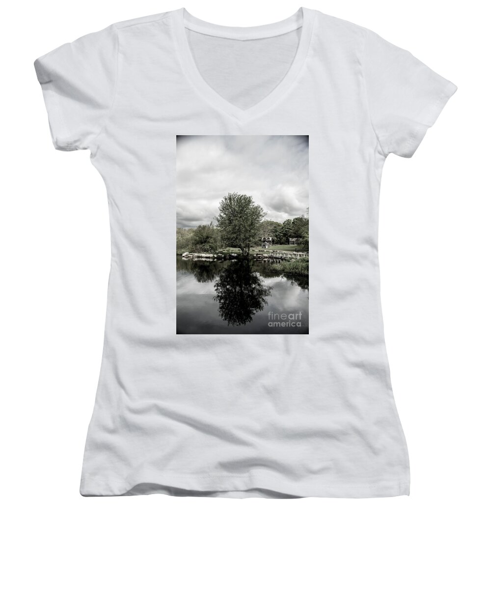 Grays Women's V-Neck featuring the photograph Grays Mill Pond by Angela DeFrias