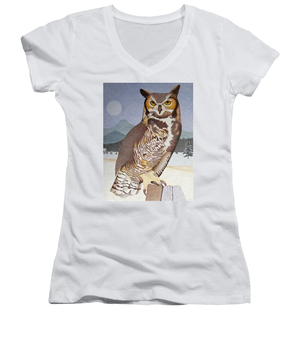 Art Women's V-Neck featuring the drawing Great Horned Owl by Dan Miller