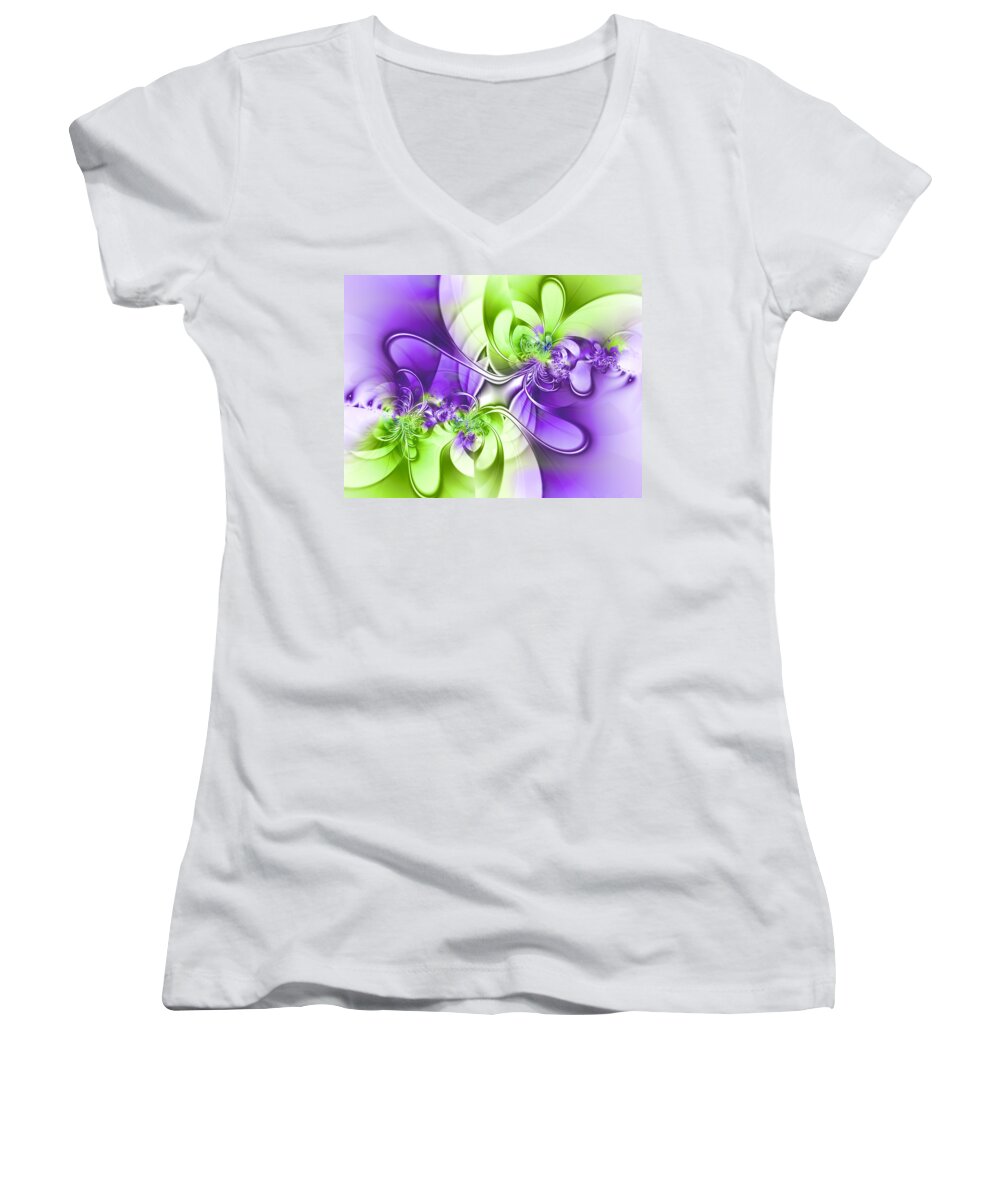Fractal Women's V-Neck featuring the digital art Green and Purple by Lena Auxier