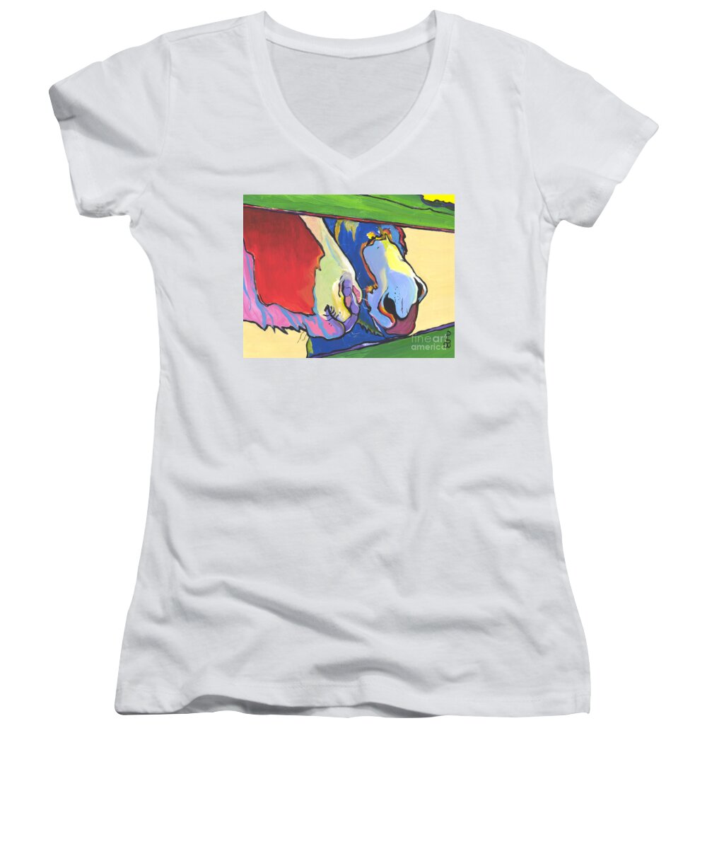 Pat Saunders-white Canvas Prints Women's V-Neck featuring the painting Green Fence by Pat Saunders-White