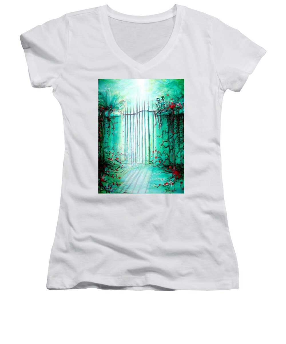 Day Of The Dead Women's V-Neck featuring the painting Green Skeleton Gate by Heather Calderon