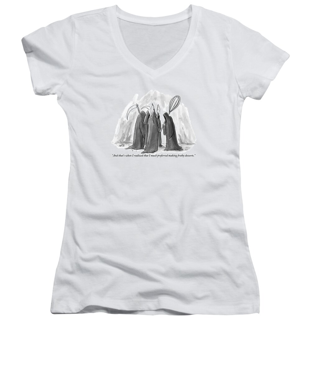 Grim Reaper Women's V-Neck featuring the drawing Grim Reapers Stand In A Circle by Julia Suits