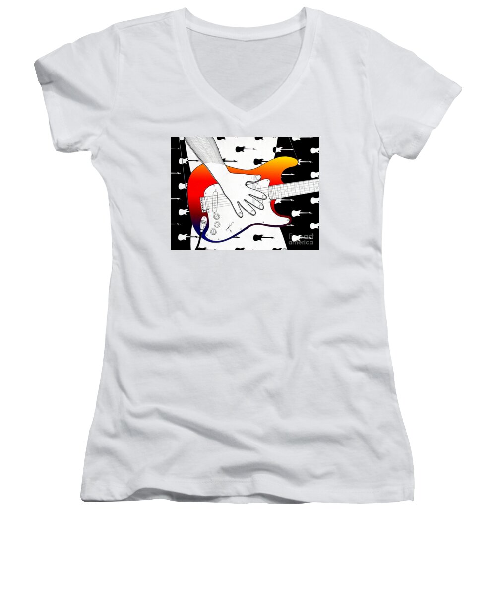 Fender Stratocaster Guitar Pen And Ink Drawing Art Modern Graphic Women's V-Neck featuring the drawing Guitar 1 by Joseph J Stevens