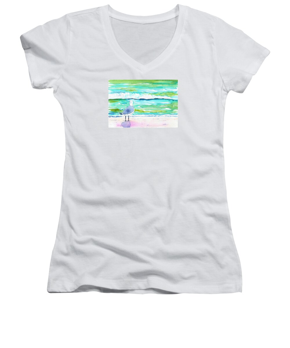 Seagull Women's V-Neck featuring the painting Gull by Anne Marie Brown