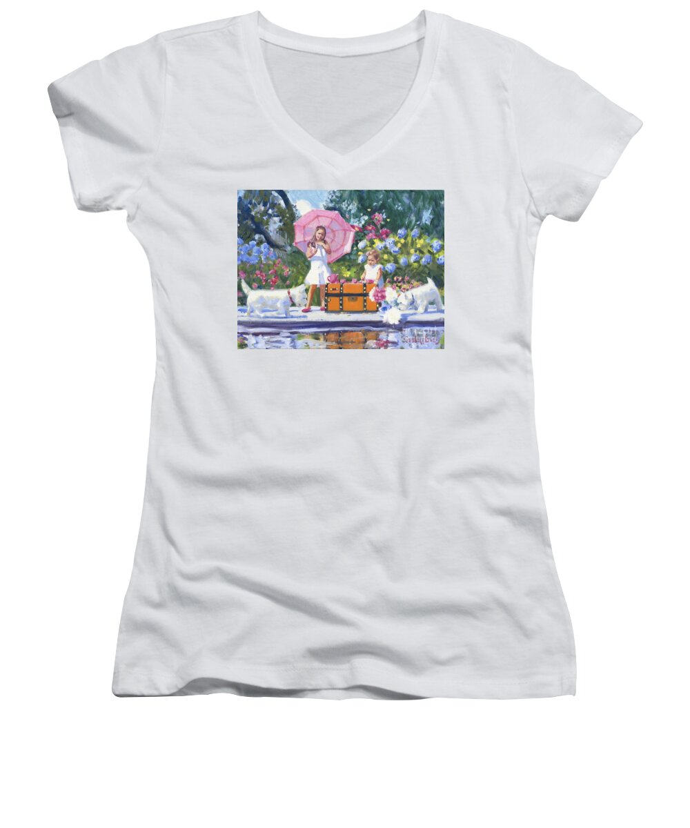 Dogs Women's V-Neck featuring the painting Hana and her Pets by Candace Lovely