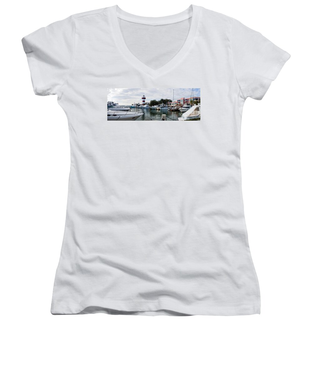 Hilton Head Women's V-Neck featuring the photograph Harbourtown Harbor by Thomas Marchessault