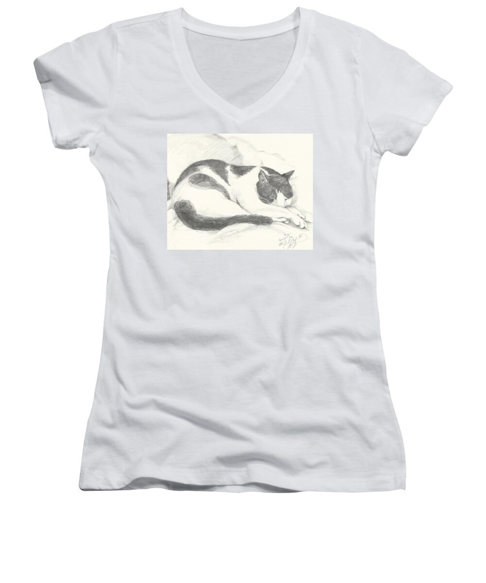 Cat Women's V-Neck featuring the drawing Harley by Melinda Dare Benfield