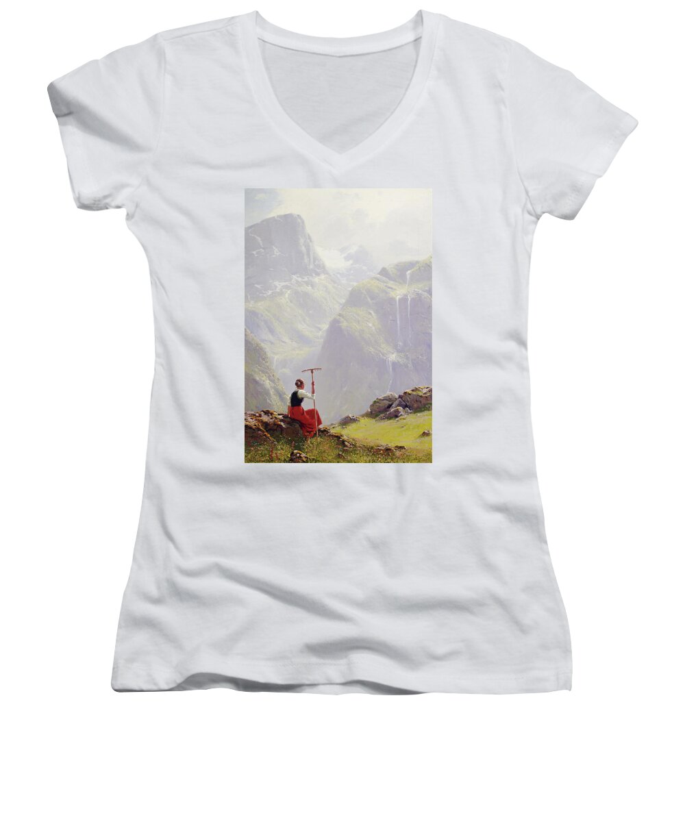 Hans Andreas Dahl Women's V-Neck featuring the painting High in the Mountains by Hans Andreas Dahl