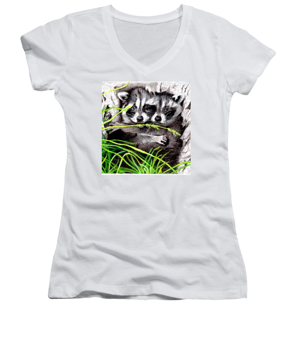 Racoons Women's V-Neck featuring the drawing Hold Me Tight by Cassy Allsworth