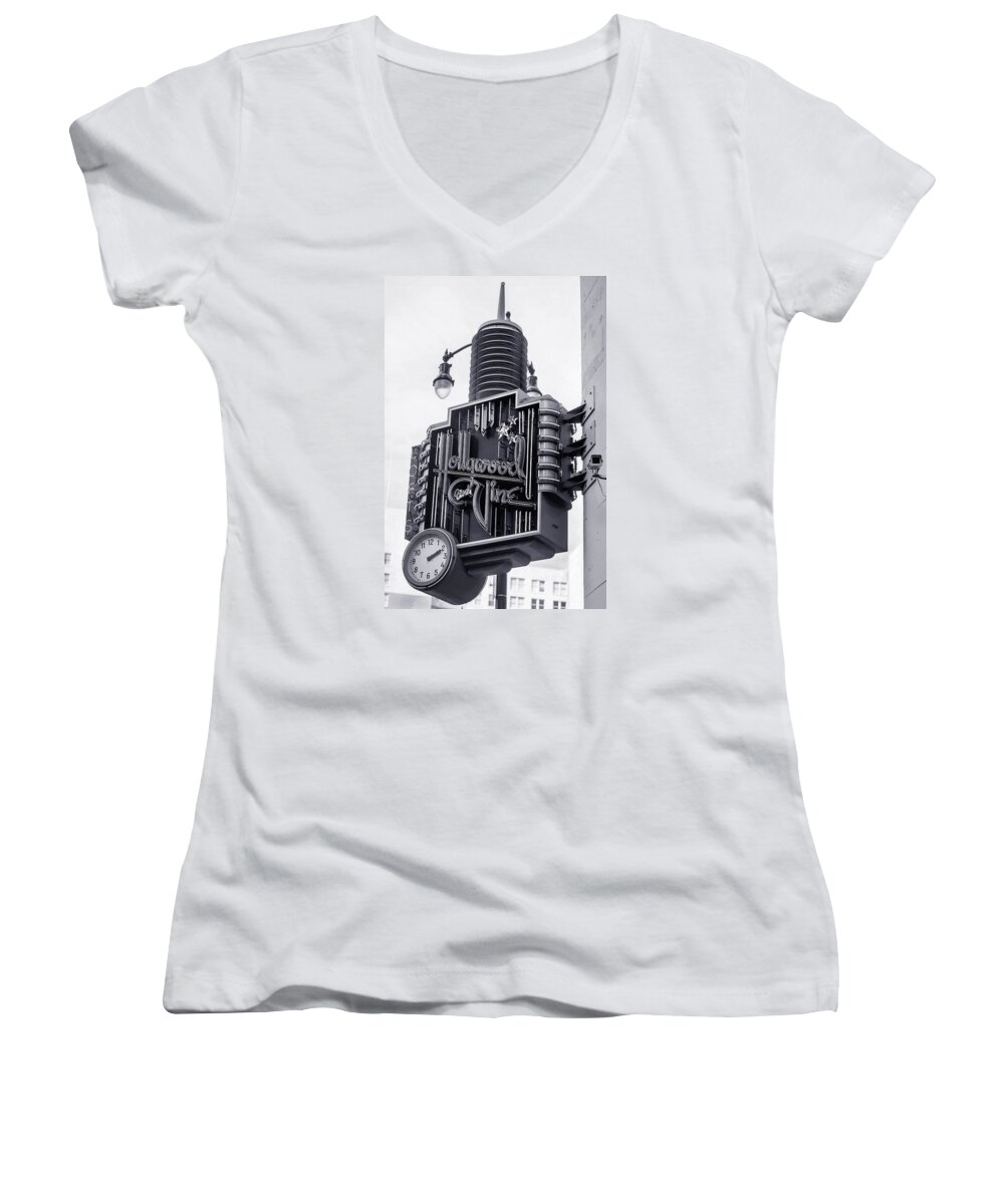 Hollywood And Vine Sign Women's V-Neck featuring the photograph Hollywood Landmarks - Hollywood and Vine Sign by Art Block Collections
