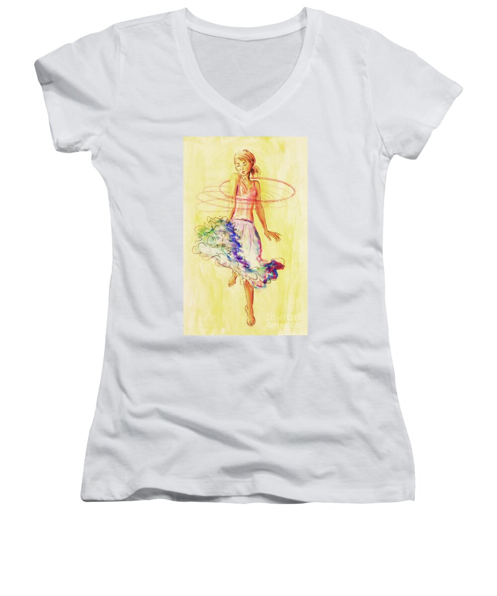 Hula Women's V-Neck featuring the painting Hoop Dance by Angelique Bowman