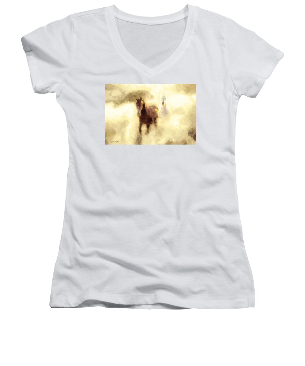 Horse Women's V-Neck featuring the painting Horses of the Mist by Greg Collins