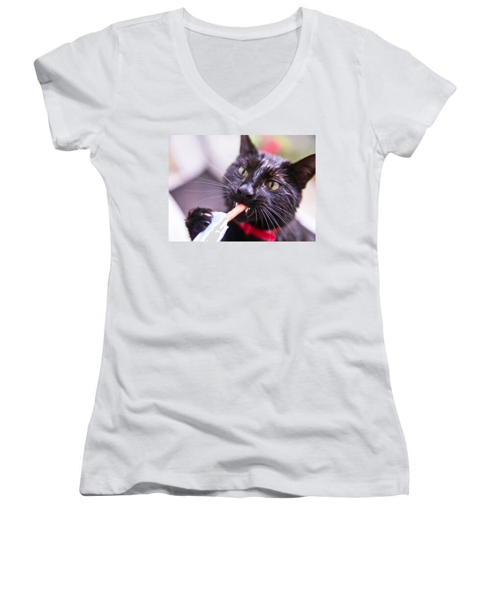 Cat Women's V-Neck featuring the photograph Hungry after Shower by Alex Art