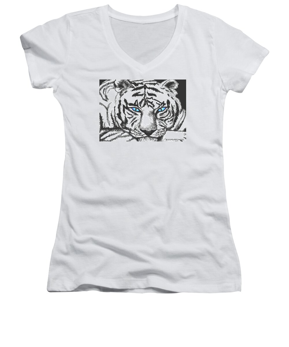 Tiger Women's V-Neck featuring the drawing Hungry Eyes by SophiaArt Gallery