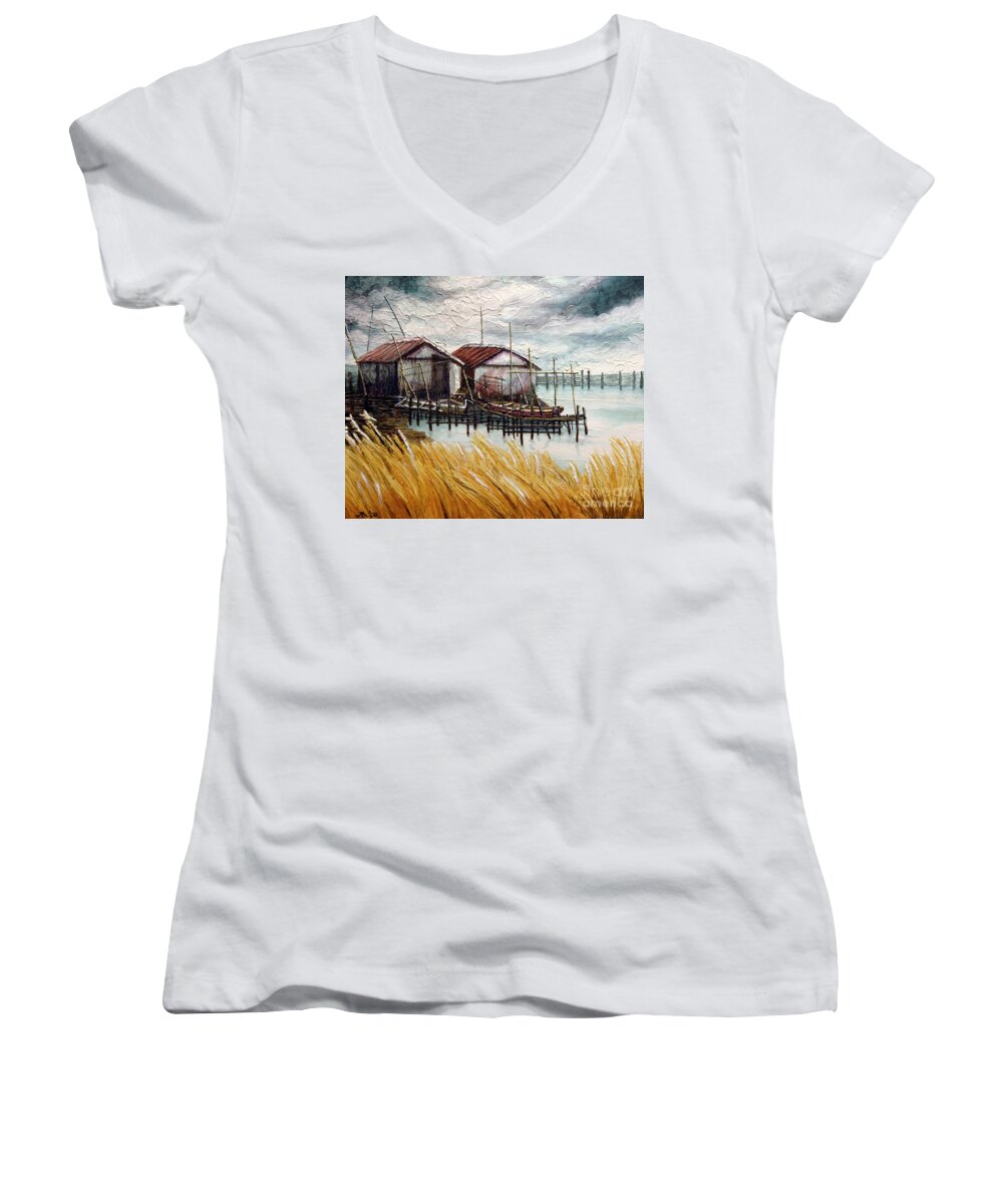 Philippines Women's V-Neck featuring the painting Huts by the Shore by Joey Agbayani