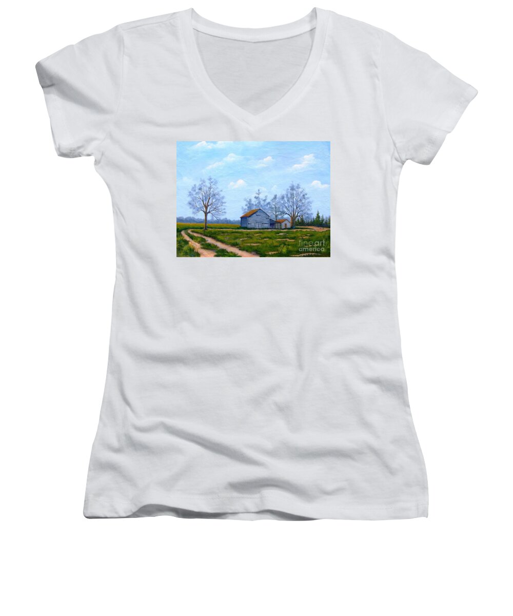 Farm Women's V-Neck featuring the painting Hwy 302 Farm by Jerry Walker