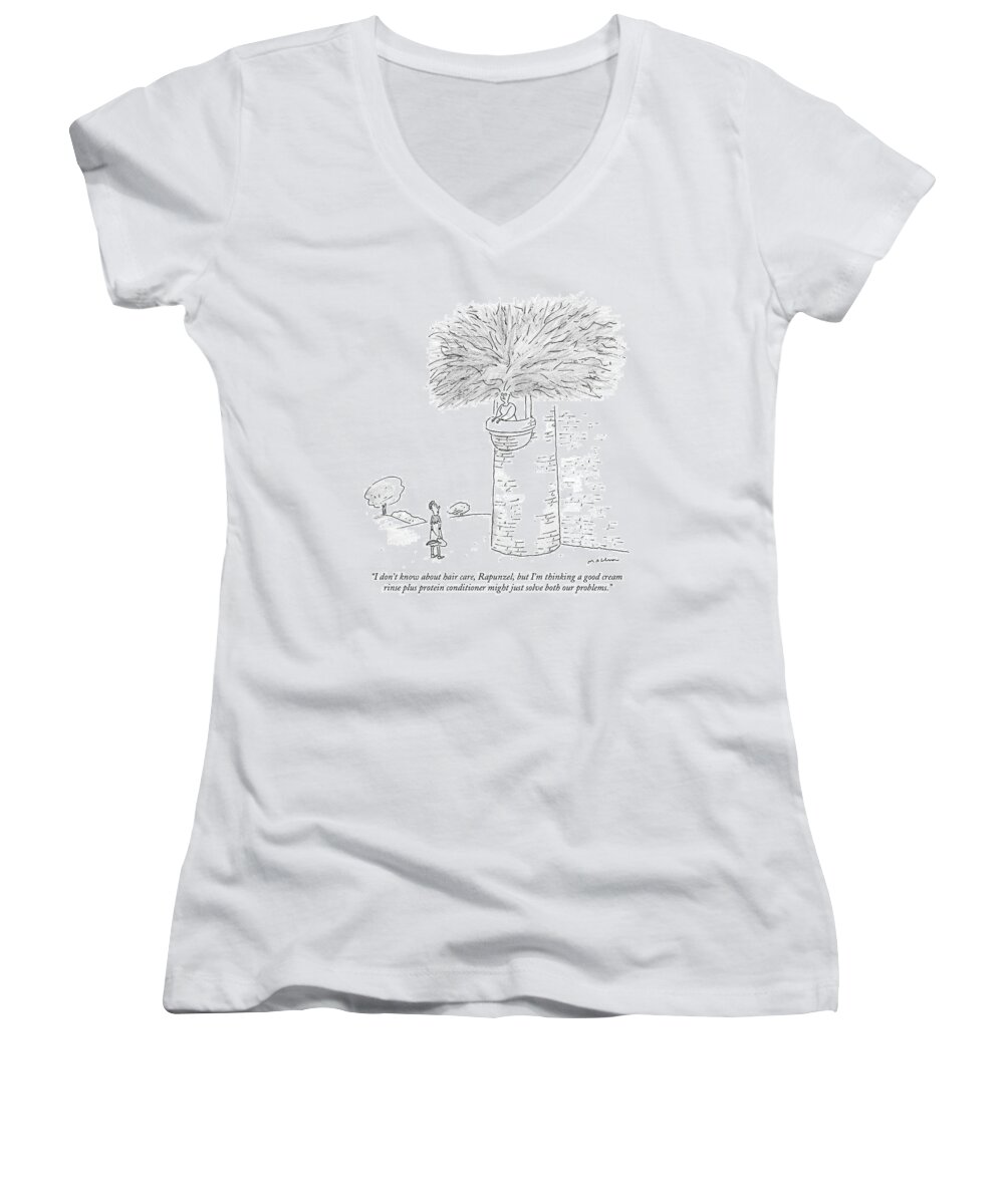 Rapunzel Women's V-Neck featuring the drawing ?i Don?t Know About Hair Care by Michael Maslin