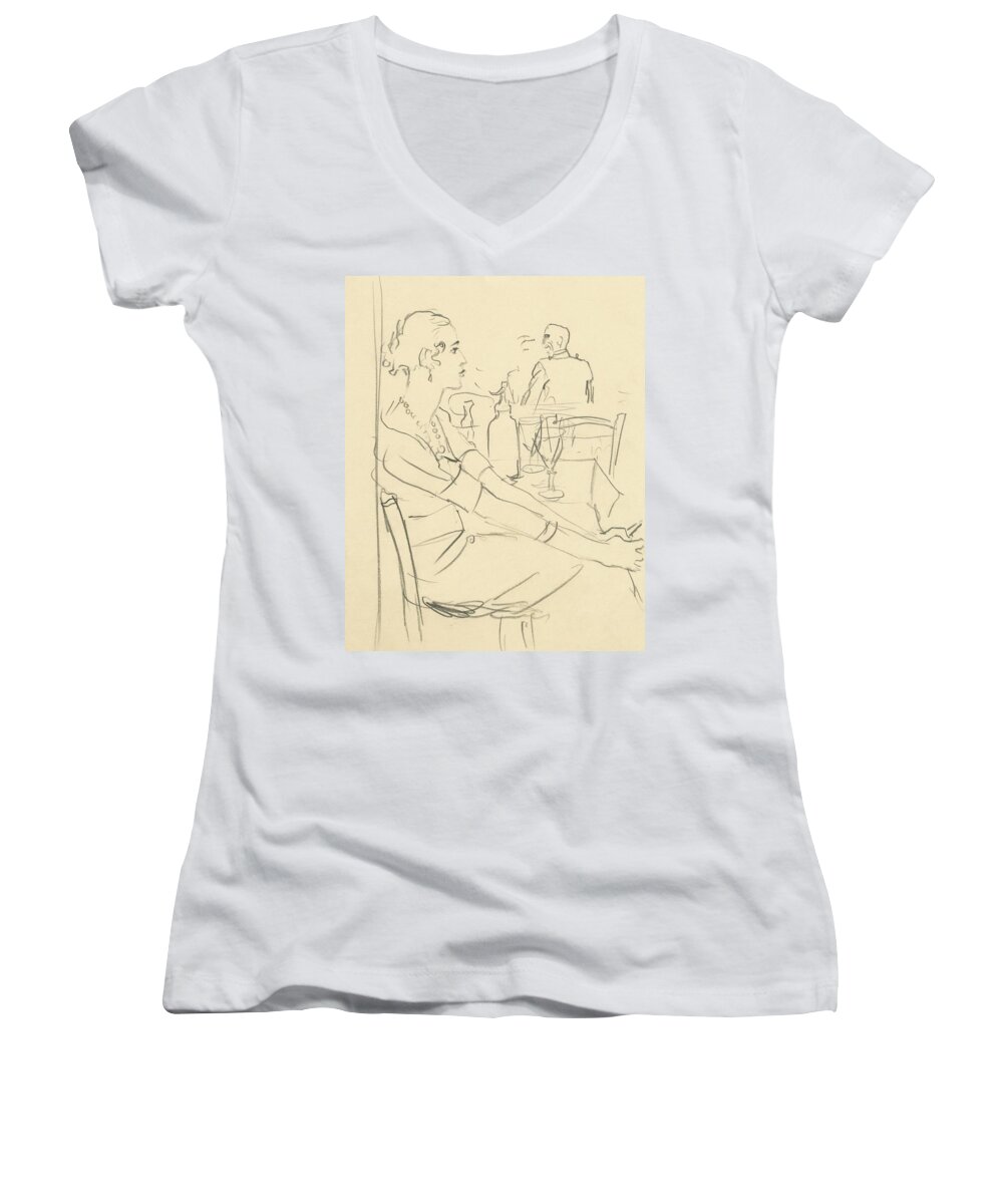 Dining Room Women's V-Neck featuring the digital art Illustration Of A Woman Sitting Down by Carl Oscar August Erickson