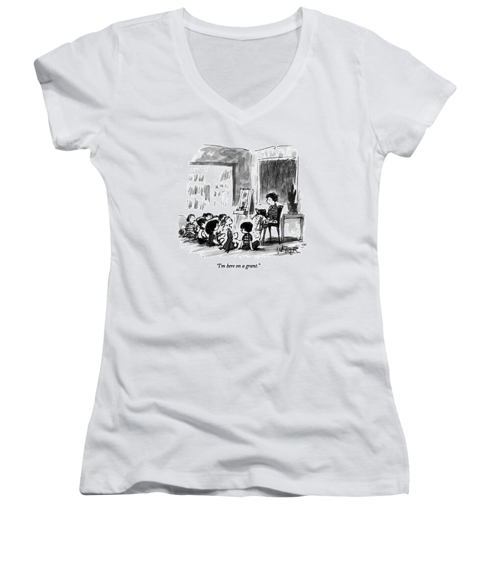 
(muppet-type Creature Speaking To A Young Child In A Classroom)
Entertainment Women's V-Neck featuring the drawing I'm Here On A Grant by Robert Weber