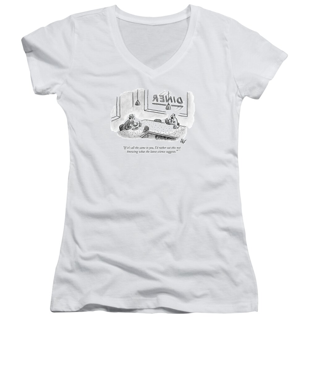 Food Women's V-Neck featuring the drawing In A Diner, A Man Holding A Hamburger Speaks by Frank Cotham