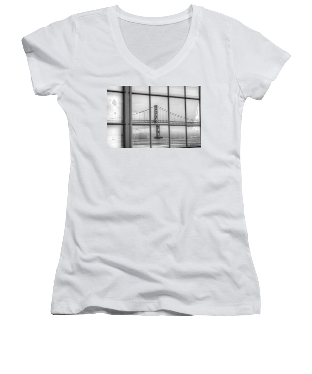 San Francisco Women's V-Neck featuring the photograph in a window the Bay Bridge by SC Heffner