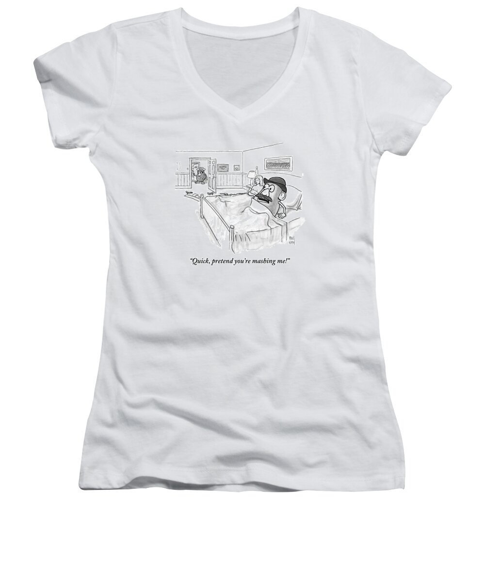 Mr. Potato Head Women's V-Neck featuring the drawing In Bed With A Human Woman by Paul Noth